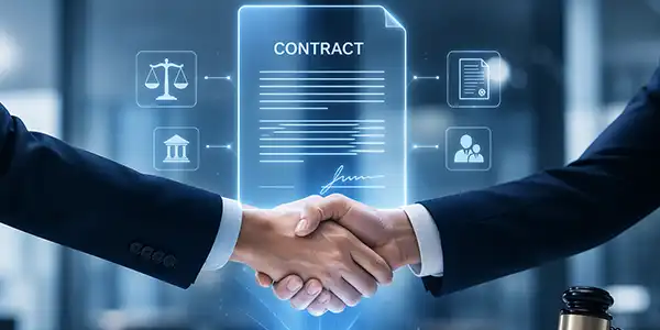 Business contract on desk representing legally binding agreements, contract drafting, and professional legal documentation