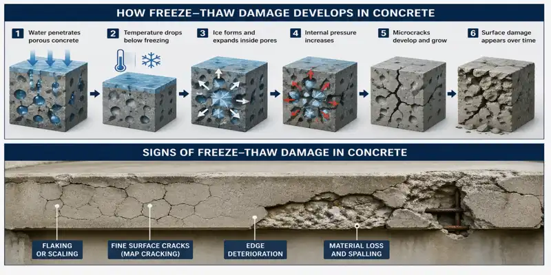 Freeze–thaw damage process in concrete showing water penetration, ice expansion, internal pressure, microcracks, and surface deterioration over time