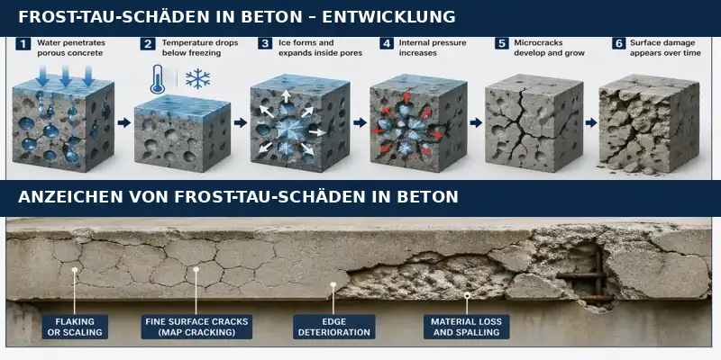 Frost-Tau-Schädigungsprozess in Beton mit Wasseraufnahme, Eisbildung, Druckaufbau, Mikrorissen und Oberflächenschäden