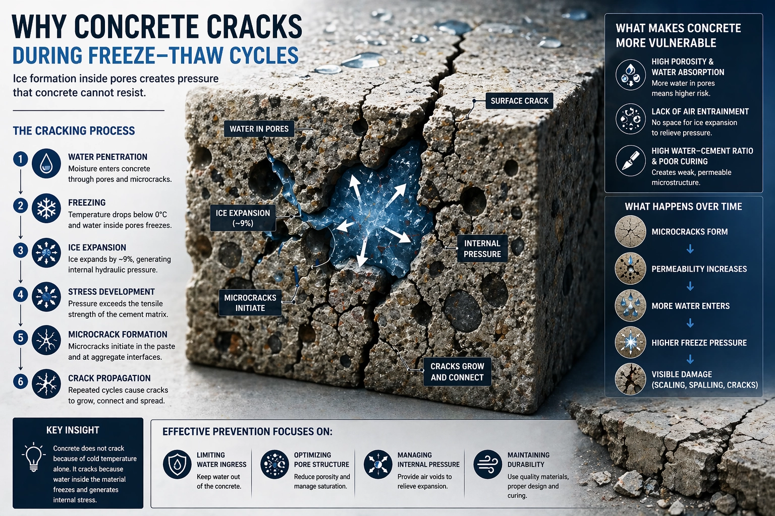 Concrete wall cracks caused by freeze thaw cycles showing structural damage and surface deterioration