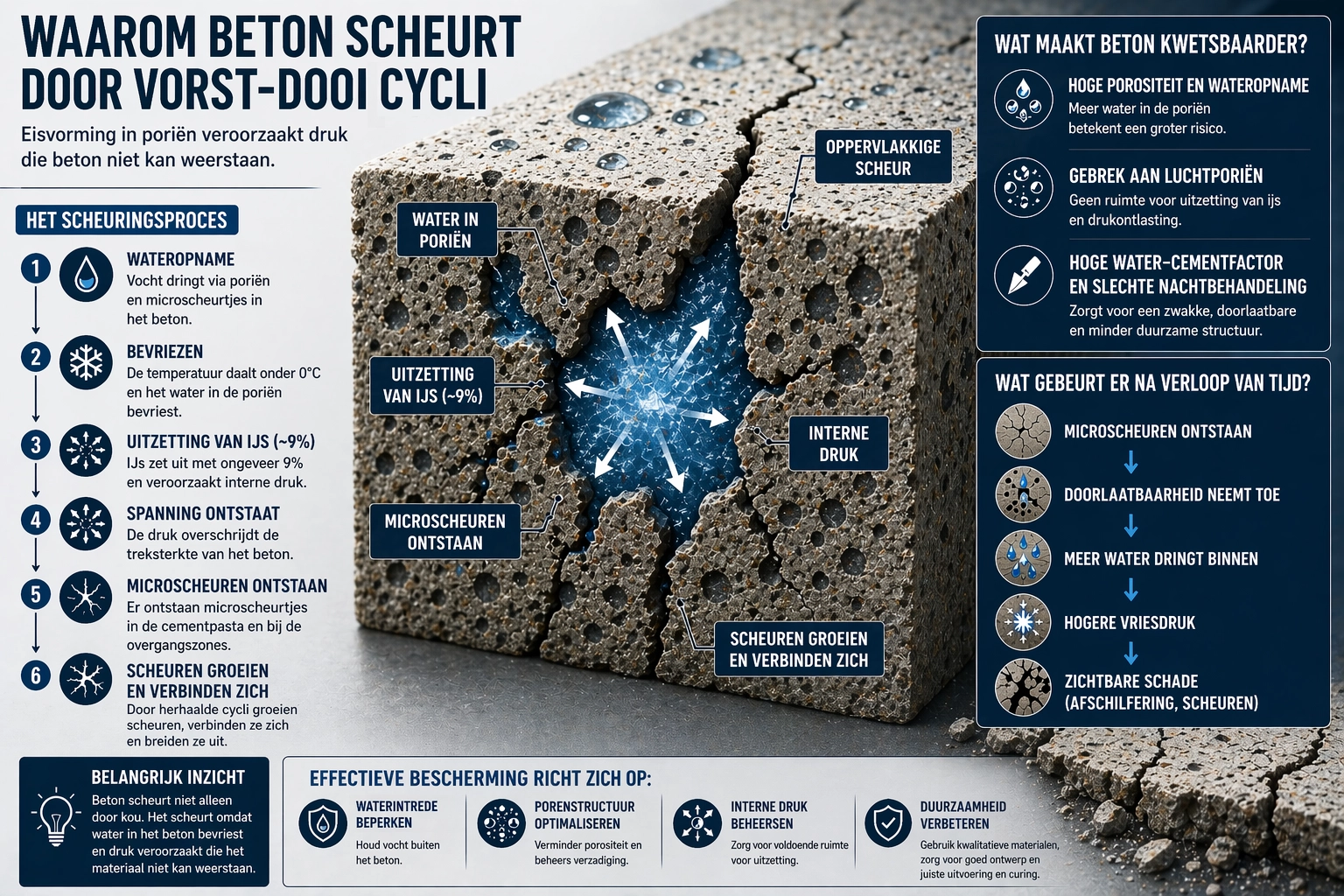 Scheuren in betonwand veroorzaakt door vorst dooicycli met zichtbare structurele schade en oppervlakte aantasting