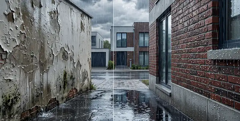 Vergleich zwischen Oberflächenabdichtung und tief eindringendem hydrophobem Fassadenschutz bei Mauerwerk