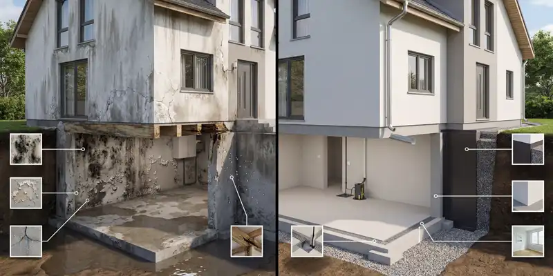 Before and after waterproofing comparison showing moisture-damaged walls and a protected dry home