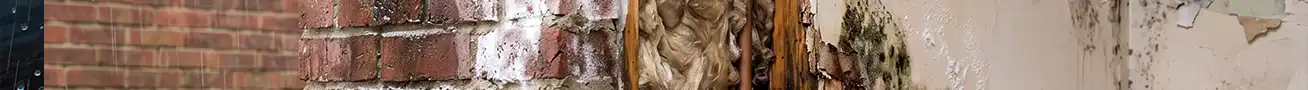 Water damage inside a wall showing leaking pipes, mold growth, wet insulation, and moisture deterioration