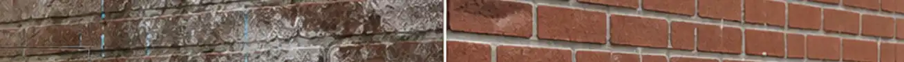 Before and after comparison of a brick wall affected by moisture damage, rising damp, cracks and water intrusion, restored with waterproofing, drainage and breathable moisture protection.