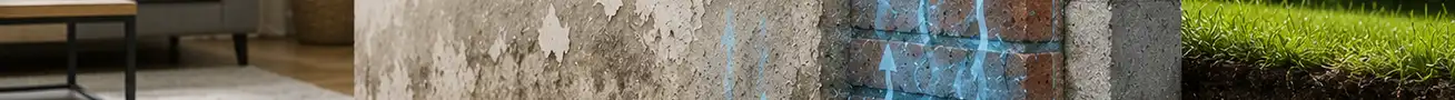 Cross-section of a European basement wall showing hidden moisture rising through masonry by capillary action on a dry sunny day, illustrating why walls become wet without rain.