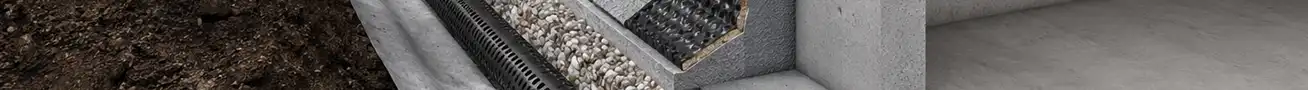 Modern house foundation with waterproofing systems, drainage, basement protection and moisture control cutaway.