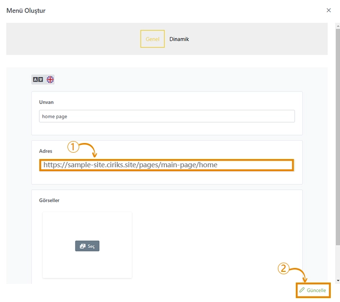 Ciriks Website Builder'da menüye kopyalanan sayfa bağlantısını ekleme