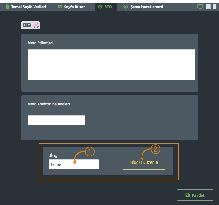 Ciriks Site Builder'da yeni bir sayfa slug'u kaydetme